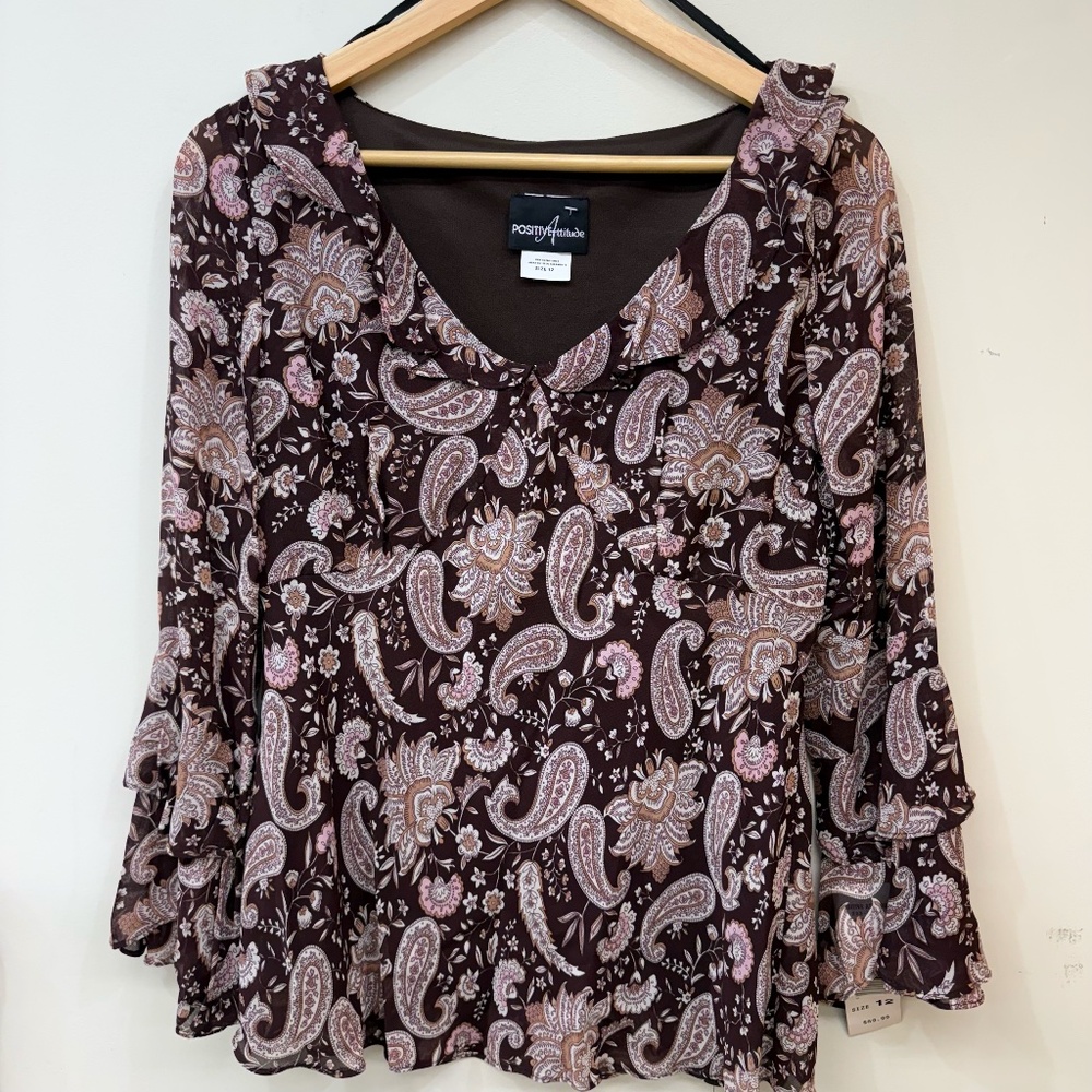 Positive Attitude Vintage Y2K Paisley Ruffle Flutter Sleeve Blouse Size 12 (NWT)